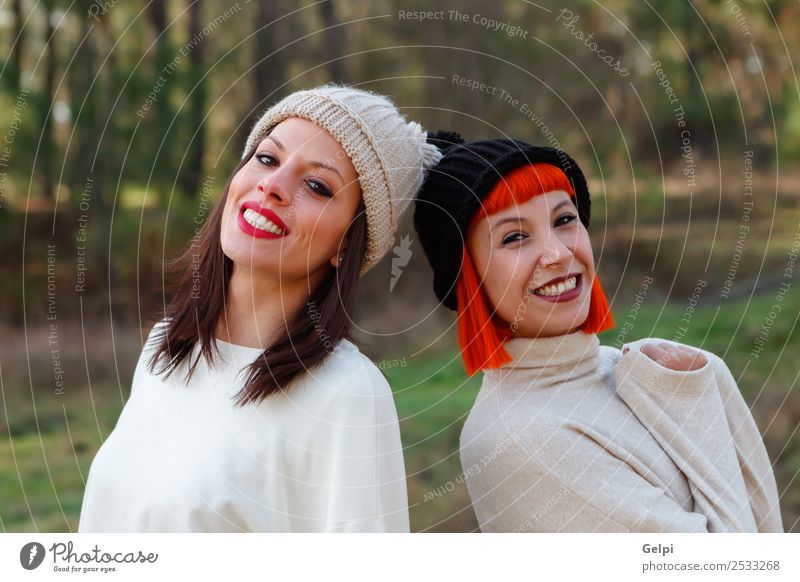 Beautiful friends in the forest in a winter day Lifestyle Style Joy Happy Winter Woman Adults Family & Relations Friendship Nature Fashion Brunette Smiling