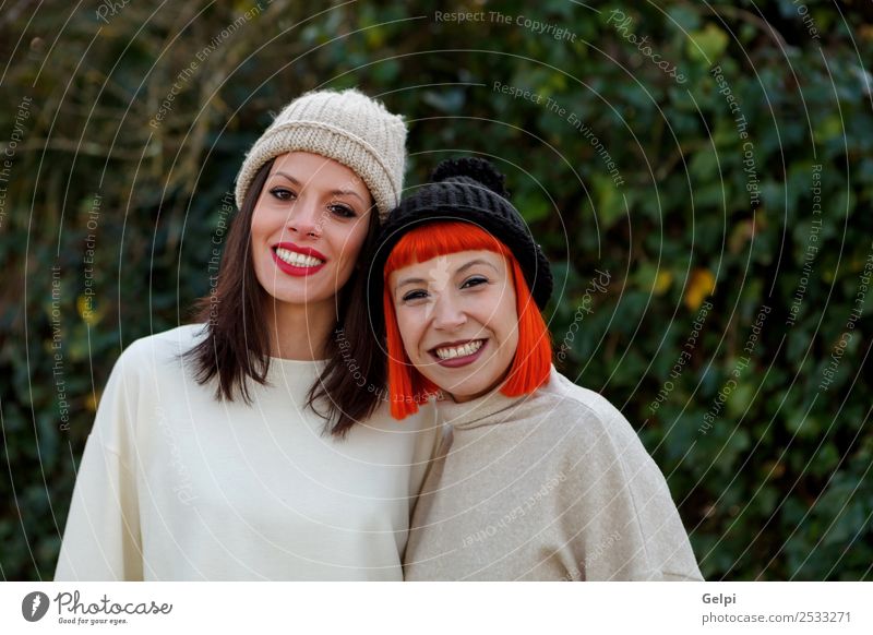 Beautiful friends in the forest in a winter day Lifestyle Style Joy Happy Winter Woman Adults Family & Relations Friendship Nature Fashion Brunette Smiling