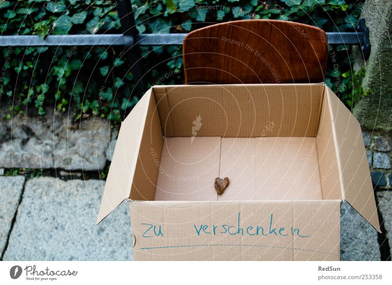 Help yourself! Box Stone Sign Heart Infatuation Love Gift Donate Cardboard Chair Cardboard box Grasp Colour photo Multicoloured Exterior shot Deserted