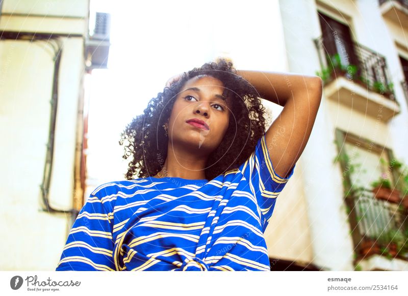 Portrait of Young woman in street Lifestyle Exotic Joy Beautiful Wellness Human being Youth (Young adults) Fashion Afro Observe Advice Cool (slang) Happiness