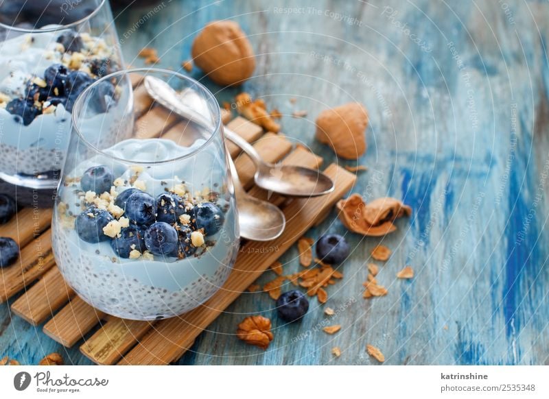 Blueberries and yogurt chia pudding parfait Yoghurt Fruit Dessert Nutrition Breakfast Vegetarian diet Diet Spoon Summer Fresh Bright White Colour Berries