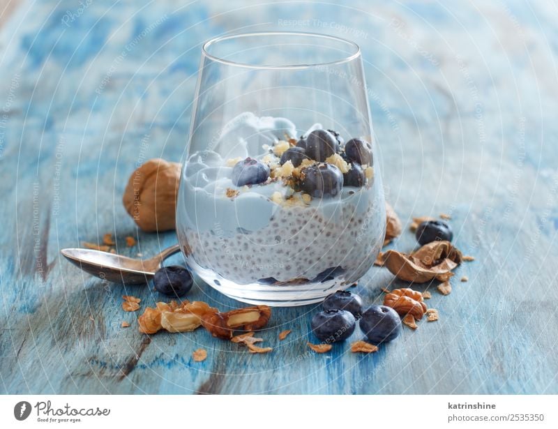 Blueberries and yogurt chia pudding parfait Yoghurt Fruit Dessert Nutrition Breakfast Vegetarian diet Diet Spoon Summer Fresh Bright White Colour Berries