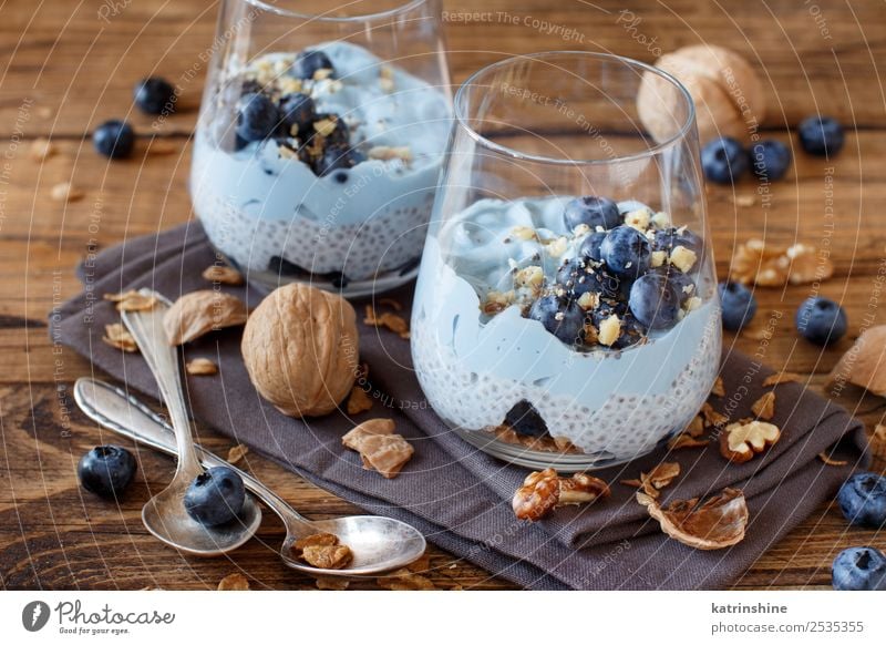 Blueberries and yogurt chia pudding parfait Yoghurt Fruit Dessert Nutrition Breakfast Vegetarian diet Diet Spoon Summer Fresh Bright White Colour Berries