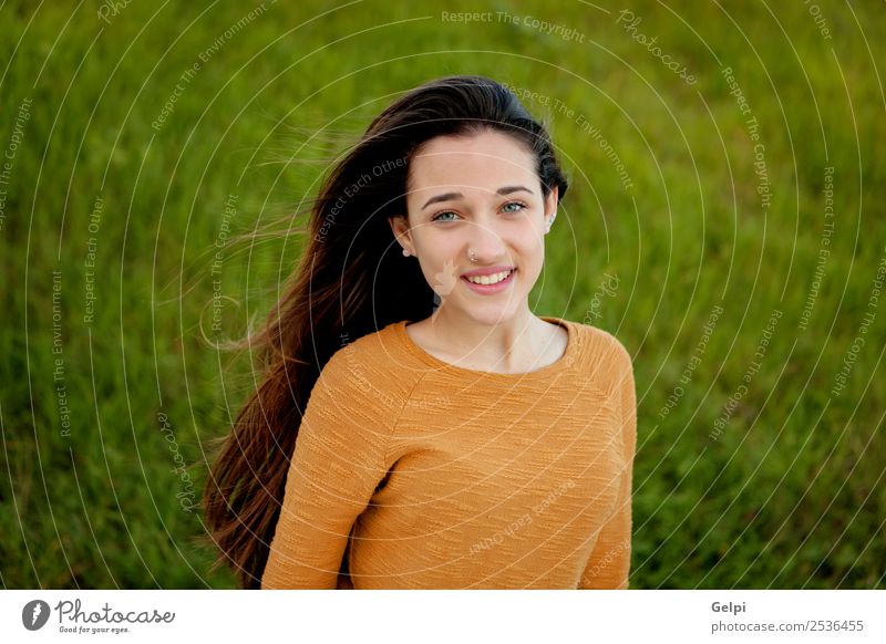 Outdoor portrait of beautiful happy teenager Happy Beautiful Sun Human being Woman Adults Youth (Young adults) Nature Wind Grass Park Meadow Fashion To enjoy