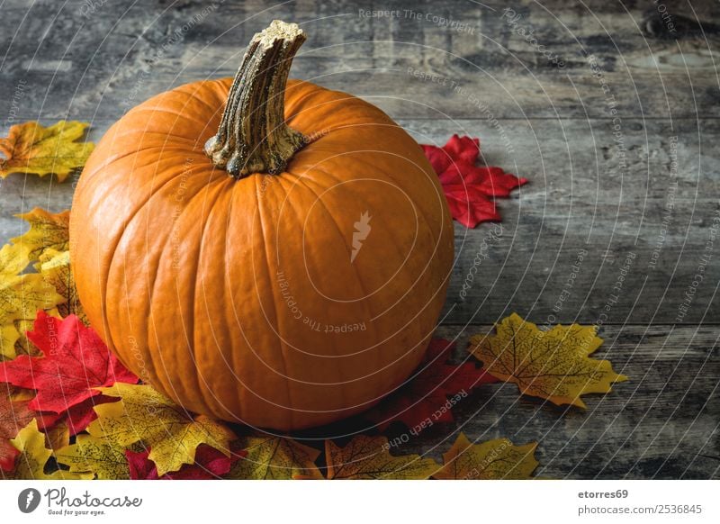 Pumpkin and autumn leaves on wooden background Autumn Food Healthy Eating Food photograph Orange Vegetable Hallowe'en Festive Seasons Holiday season October