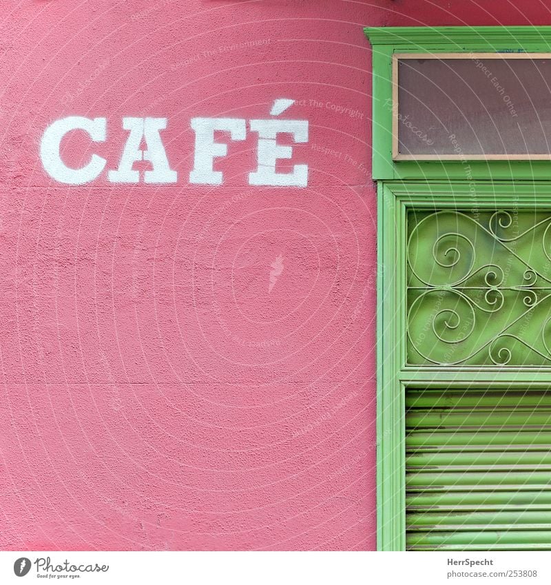 cafe Going out Downtown Old town House (Residential Structure) Wall (barrier) Wall (building) Facade Door Metal Characters Ornament Green Pink Café Closed