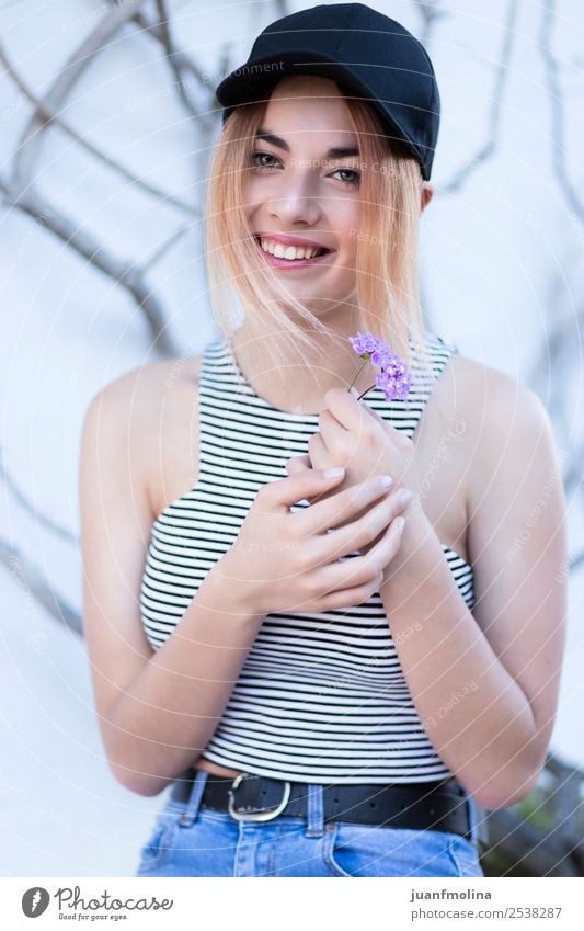 Portrait girl outdoor cap attractive background beautiful beauty cute face fashion female flower fresh hair model natural park pretty portrait stylish white