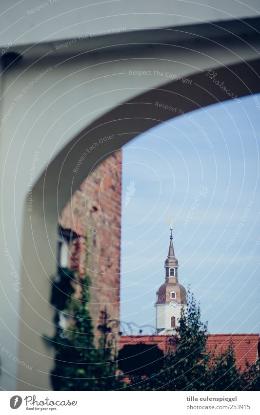 in the morning half past ten in germany Village Church Tower Facade Roof Calm Church spire Treetop Gate Archway Sky Colour photo Exterior shot