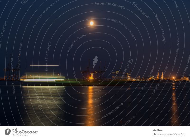 full moon, boat, harbour, lights, night Navigation Passenger ship Harbour Driving Movement Full  moon Long exposure Denmark aarhus Lighthouse Reflection