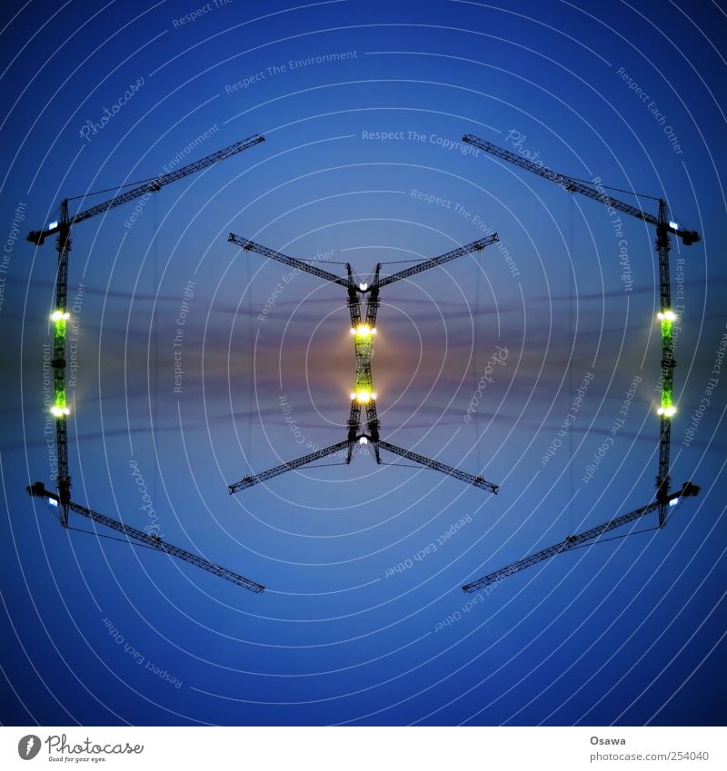 [><] Crane Construction crane Reflection Sky Surrealism Symmetry Kaleidoscope Twilight Artificial light Construction site Deserted Copy Space Outrigger Carrier