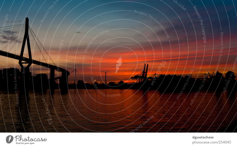 Köhlbrand Bridge II Water Sky Sunrise Sunset River bank Town Port City Architecture Traffic infrastructure Navigation Harbour Kitsch Beautiful Moody Hamburg