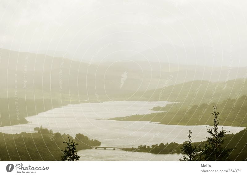 Wide Environment Nature Landscape Bad weather Fog Pond Lake Bridge Free Gray Green Freedom Horizon Calm Far-off places Scotland Interior lake Vantage point