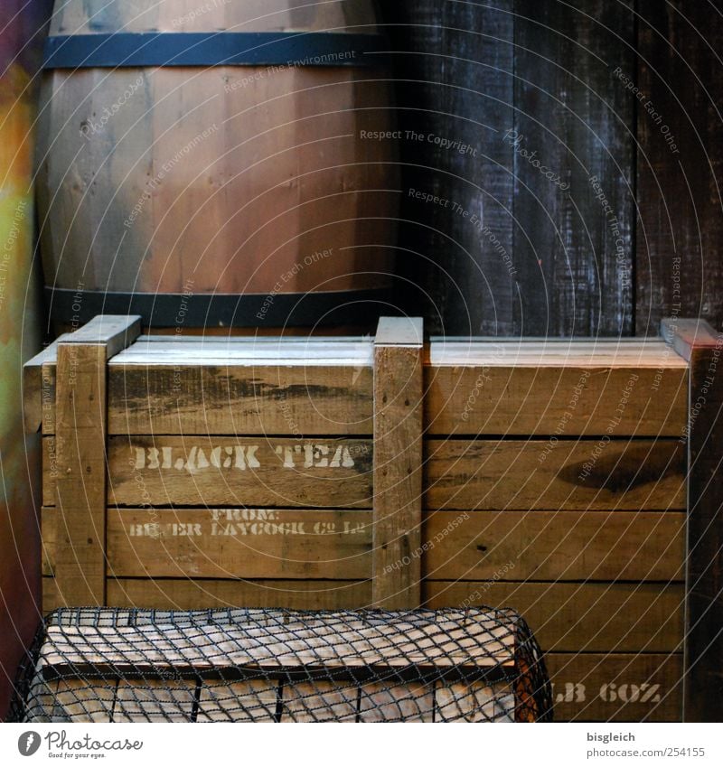 black tea Tea Trade Logistics Crate Keg Wood Old Brown Colour photo Subdued colour Interior shot Deserted Artificial light Tea chest Black tea Wooden box