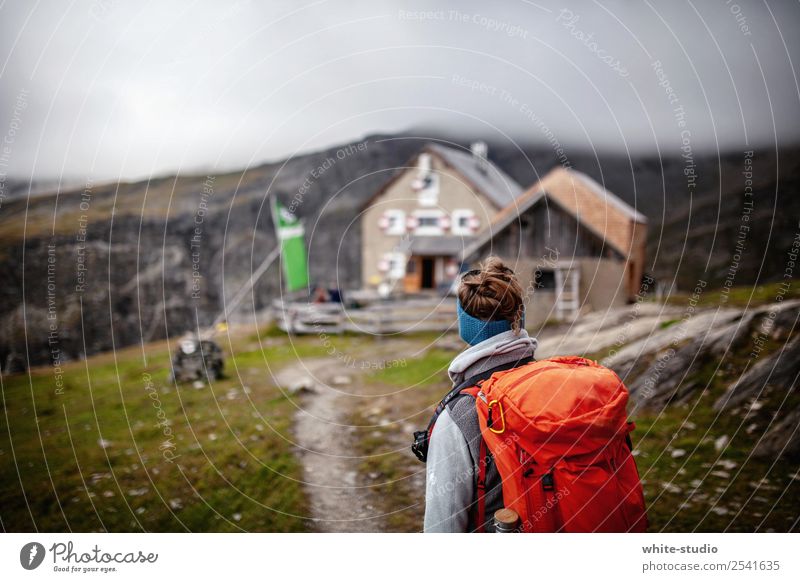 Cabin in sight Woman Adults Hiking Hohen Tauern NP Mountaineer Mountaineering Hut Chalet vacation Wooden hut Backpack Backpacking Break Come Arrival