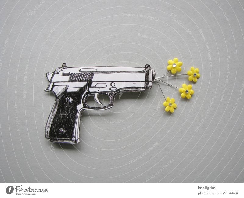 Say it through the flower! Flower Handgun Blossoming Threat Yellow Gray Black White Emotions Cool (slang) Optimism Bizarre Joy Idea Creativity Rescue Whimsical