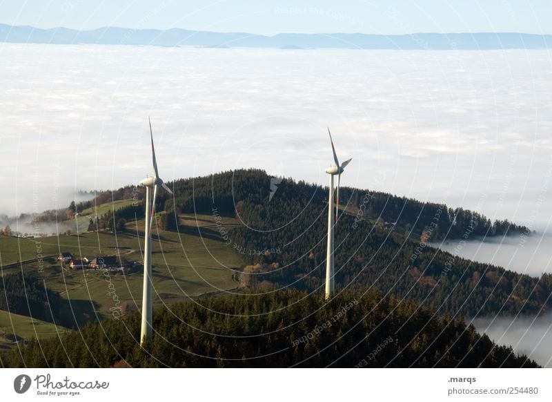 wind power Energy industry Advancement Future Renewable energy Wind energy plant Pinwheel Environment Nature Landscape Elements Sky Clouds Fog Forest Hill