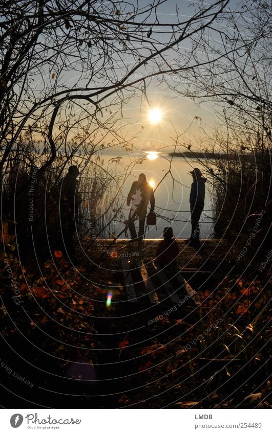 Autumn at the lake Human being 4 Group Environment Nature Landscape Earth Water Sky Sun Sunrise Sunset Tree Coast Lakeside Moody Happy Joie de vivre (Vitality)