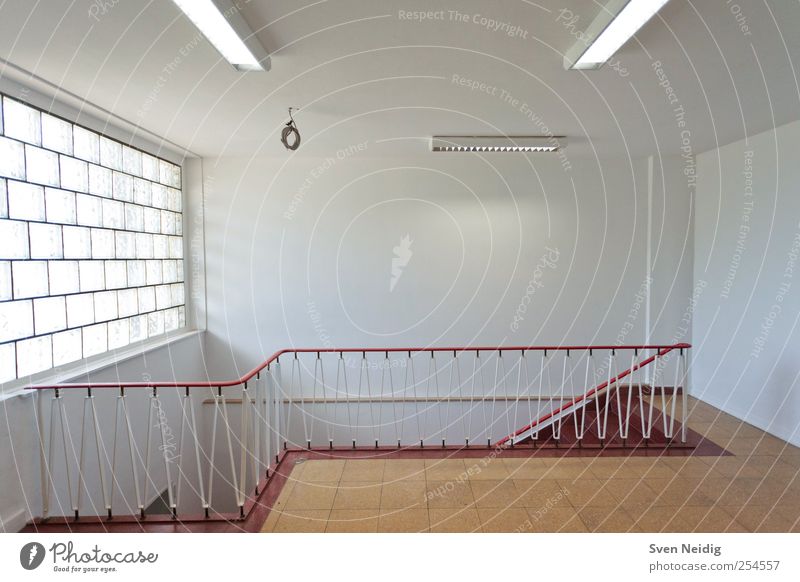 Hallway Deserted Architecture Wall (barrier) Wall (building) Stairs Yellow Red White Colour photo Interior shot Day Artificial light Sunlight