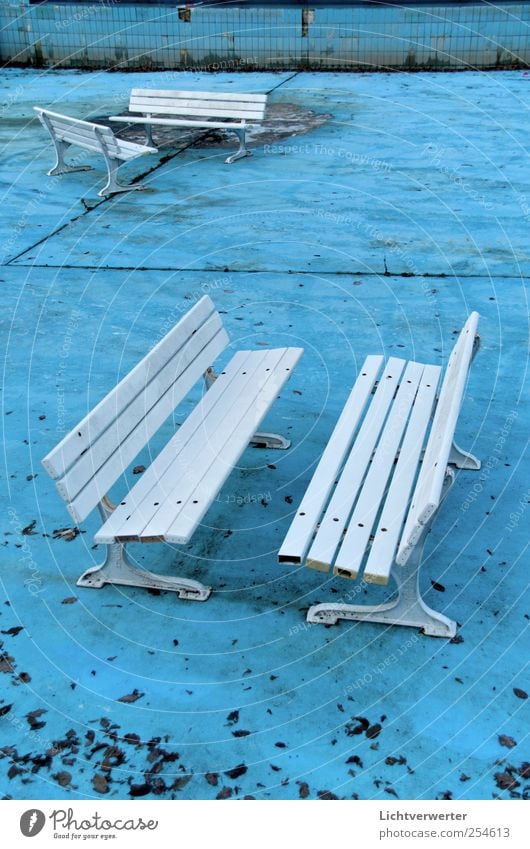 Blue Bank Swimming & Bathing Sporting Complex Swimming pool Deserted White Change Bench Tile Colour photo Subdued colour Exterior shot Copy Space right