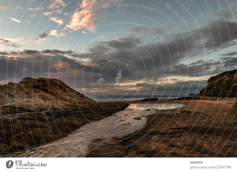 estuary Nature Landscape Sky Clouds Horizon Sunrise Sunset Summer Beautiful weather Rock Waves Coast River bank Beach Bay Ocean Deserted Exotic Maritime Blue