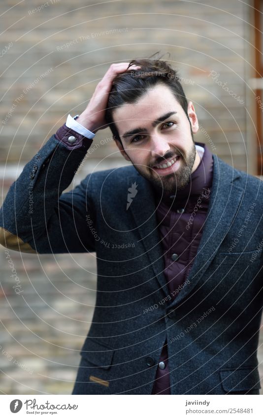 Bearded smiling man wearing british elegant suit outdoors Lifestyle Elegant Style Happy Beautiful Hair and hairstyles Human being Masculine Young man