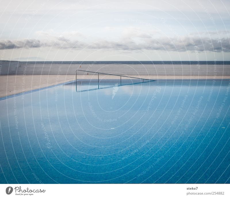 Still Water Sky Clouds Esthetic Blue Swimming pool Direct Horizon Banister Deserted Subdued colour Exterior shot Neutral Background