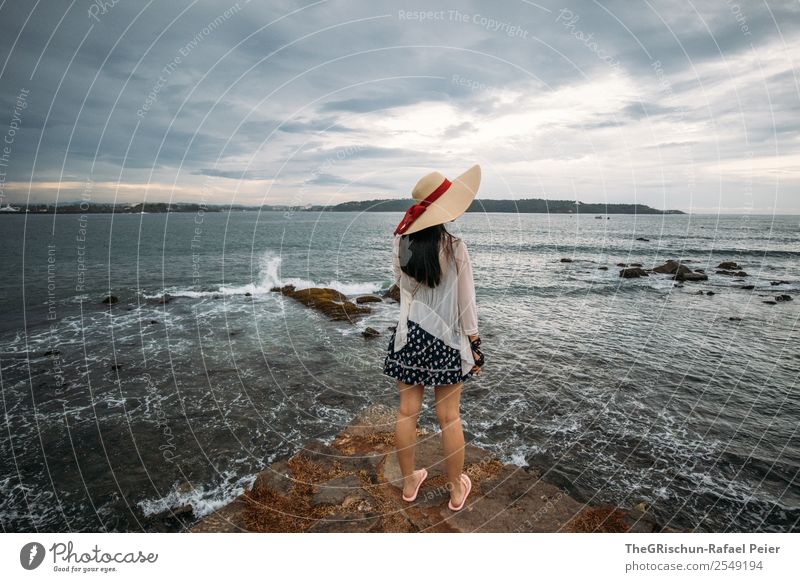 prospect Environment Nature Esthetic Travel photography Discover Hat Woman Ocean Vantage point Sri Lanka Vacation & Travel Clouds Moody Colour photo