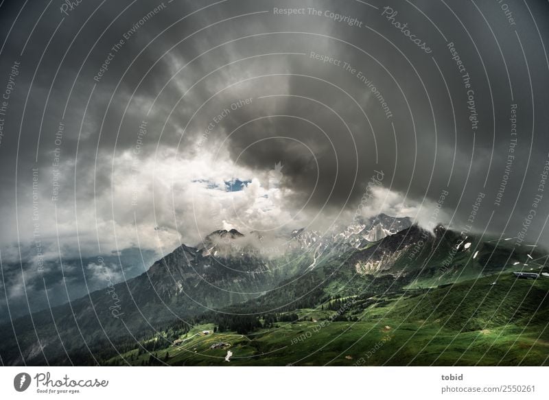 Thunderclouds in the Alps Nature Landscape Plant Sky Clouds Storm clouds Horizon Weather Bad weather Thunder and lightning Forest Rock Mountain Peak