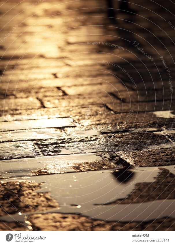 Tears of the Sun. Art Esthetic Floor covering Sidewalk Footpath Paving stone Venice Gold Glittering Reflection Street Romance Idyll Peaceful Empty Loneliness