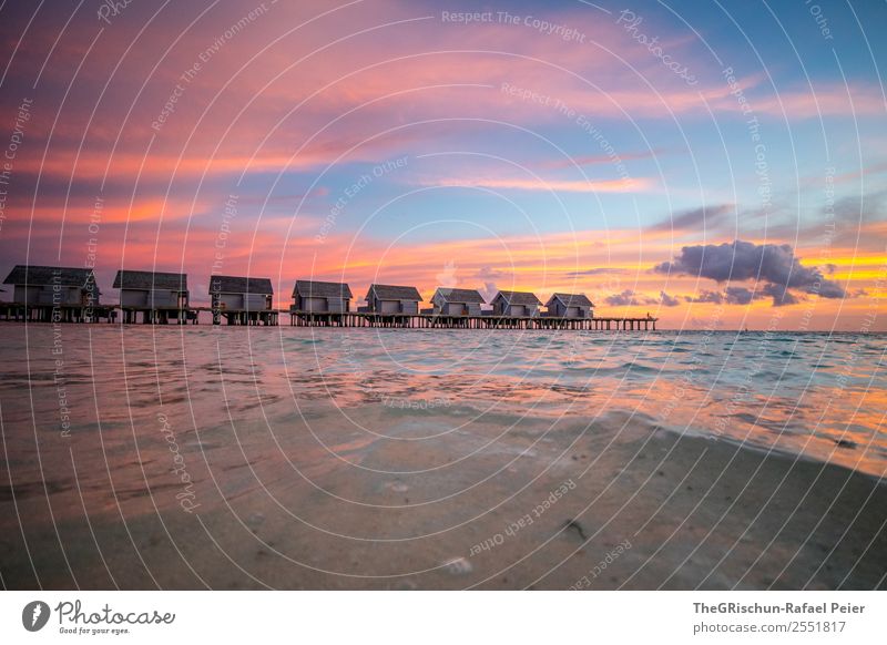 mood Nature Blue Violet Orange Pink Maldives Beach Ocean Relaxation House (Residential Structure) Clouds Sea water Moody Sunset Sand Reef Footbridge Romance