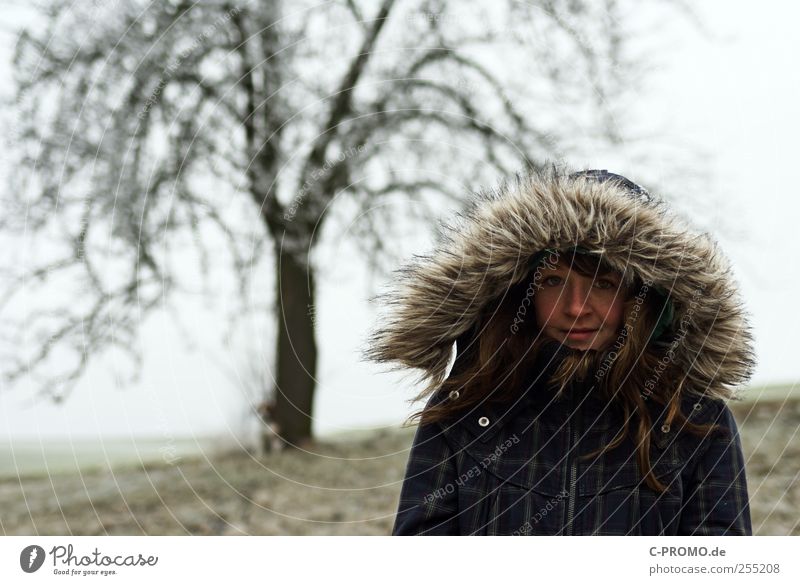 winter portrait Human being Masculine Infancy 1 Weather Ice Frost Tree Observe Freeze Stand Happy Contentment Fur collar Cold Winter Colour photo Subdued colour