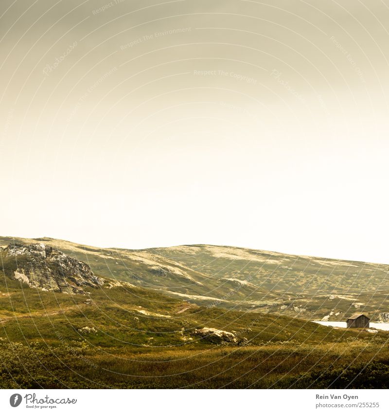 The wooden shack Environment Nature Landscape Sky Cloudless sky Horizon Hill Rock Mountain Hut Large Serene Calm Colour photo Exterior shot Deserted Dawn