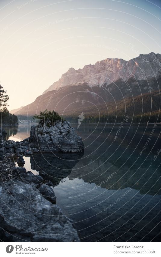 morning glory Nature Landscape Water Sky Cloudless sky Sun Sunrise Sunset Sunlight Summer Beautiful weather Alps Mountain Zugspitze Peak Lakeside Eib Lake