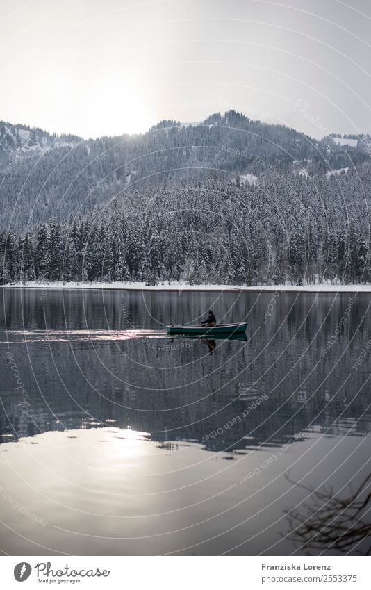 reflection Trip Winter Snow Mountain 1 Human being Nature Landscape Water Sky Forest Alps Peak Lake Contentment Subdued colour Exterior shot Copy Space bottom