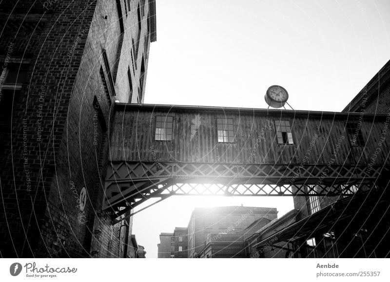 10:08 Leipzig Industrial plant Manmade structures Building Architecture Old cotton mill Spinning mill Clock Wood Brick facade Black & white photo Exterior shot