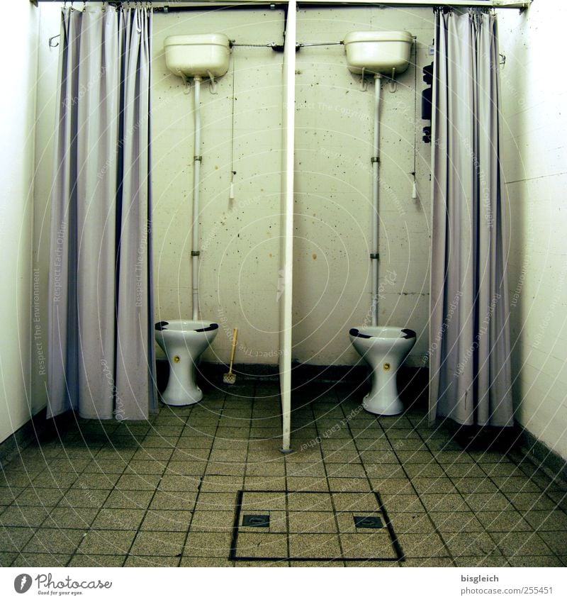 double toilet Dugout Bathroom Toilet Flush Drape Tile Iron-pipe Sit Dirty Trashy Gloomy Gray Green White Colour photo Subdued colour Interior shot Deserted