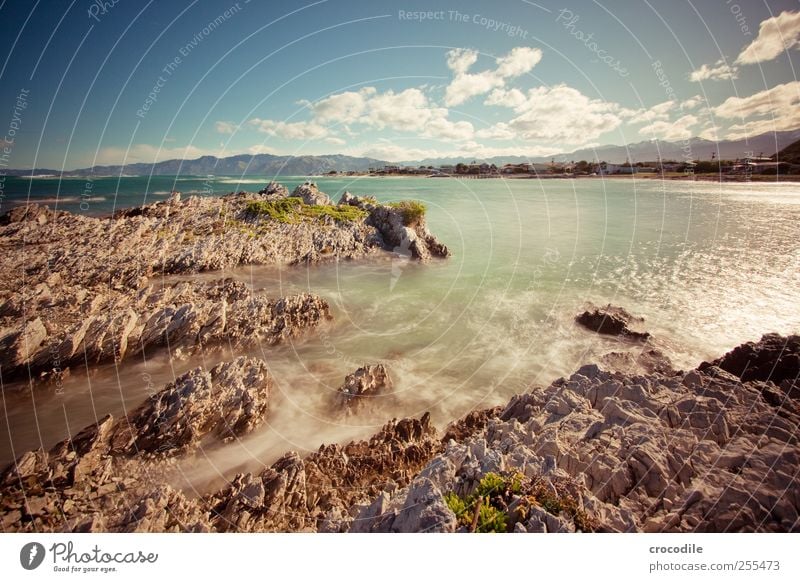 coast Environment Nature Landscape Elements Water Sky Clouds Beautiful weather Rock Waves Coast Beach Bay Ocean Island New Zealand Exceptional Contentment