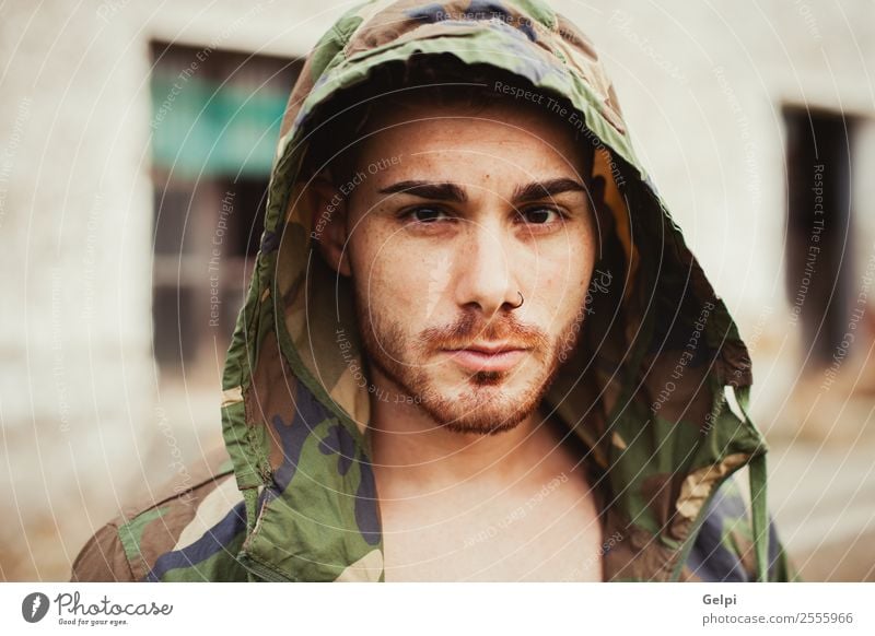 Hooded guy with camouflage jacket Lifestyle Style Face Hooligan Masculine Boy (child) Man Adults Culture Street Fashion Jacket Beard Think Sadness Cool (slang)