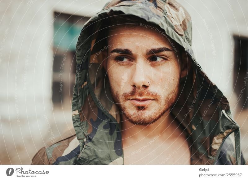 Attractive guy Lifestyle Style Face Hooligan Masculine Boy (child) Man Adults Culture Street Fashion Jacket Beard Think Sadness Cool (slang) Eroticism Guy hood