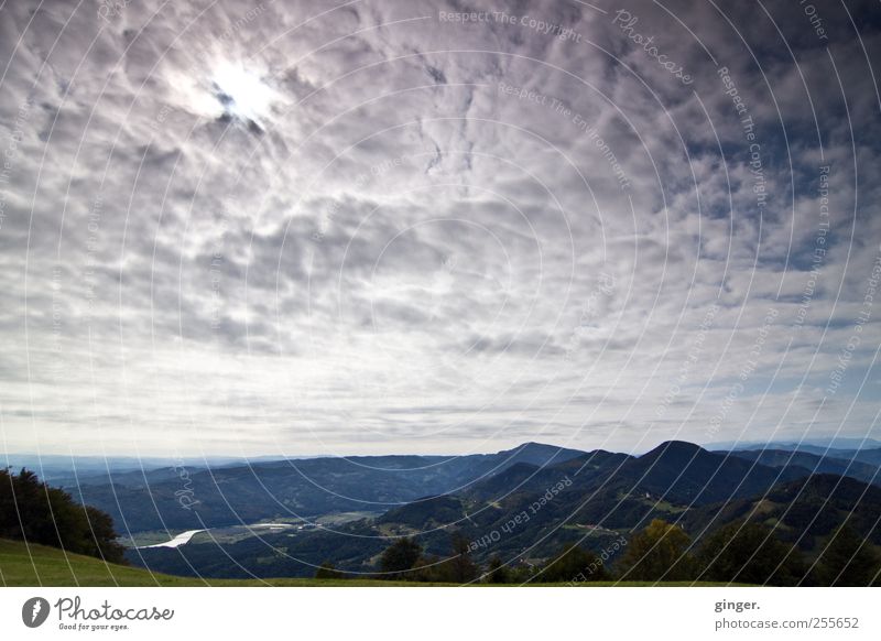 The sun will break through the clouds Environment Nature Landscape Air Sky Clouds Horizon Sun Summer Climate Weather Mountain Peak River Tall Above Forest