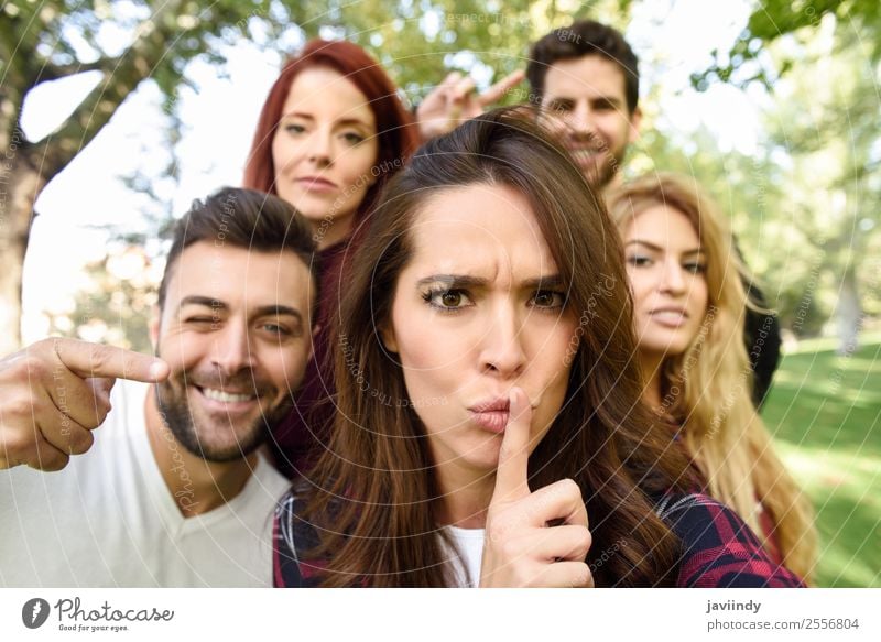 Group of friends taking selfie in urban background Lifestyle Joy Happy Beautiful Leisure and hobbies PDA Human being Young woman Youth (Young adults) Young man