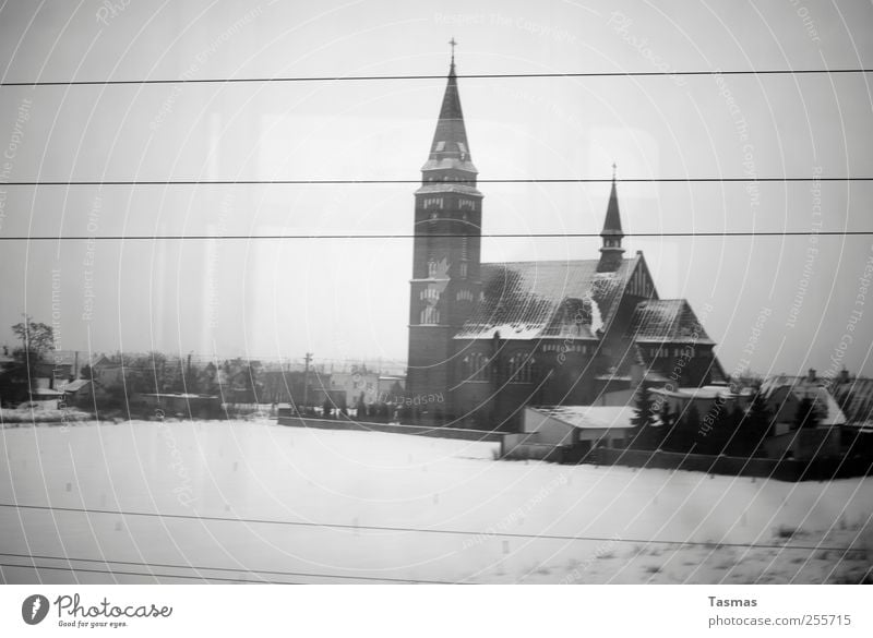 Last Living Souls Landscape Winter Church Manmade structures Building Rail transport Train travel Passenger train Train compartment Driving Gloomy Gray Sadness