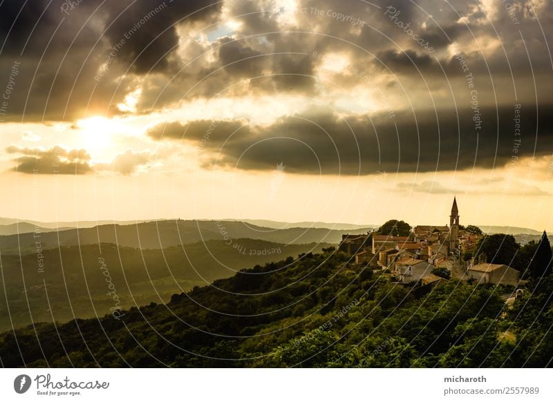 Croatian village at sunset Nature Climate Climate change Weather Beautiful weather Tree Forest Hill Mountain Village Small Town Old town Church Wall (barrier)