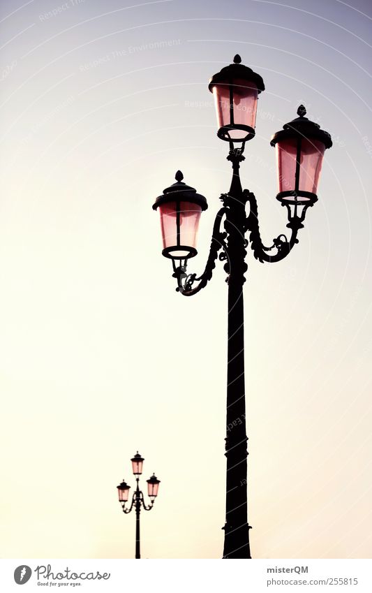 A light comes on. Esthetic Lantern Light Lamp post Street lighting 2 Morning Cast iron Ornate Splendid Colour photo Exterior shot Detail Deserted