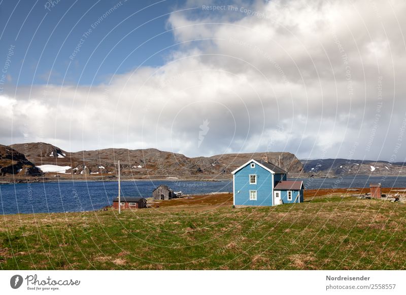 Life on the Arctic Ocean Vacation & Travel Nature Landscape Water Sky Clouds Climate Beautiful weather Grass Meadow Rock Mountain Coast Bay Fjord Village