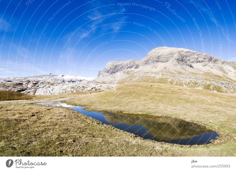 mountain lake Life Contentment Calm Trip Freedom Summer Mountain Hiking Nature Landscape Water Sky Autumn Beautiful weather Snow Grass Hill Rock Alps Glacier