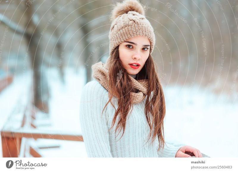 winter close up outdoor portrait of beautiful young woman Style Joy Face Vacation & Travel Winter Snow Feminine Woman Adults Nature Weather Snowfall Park Forest