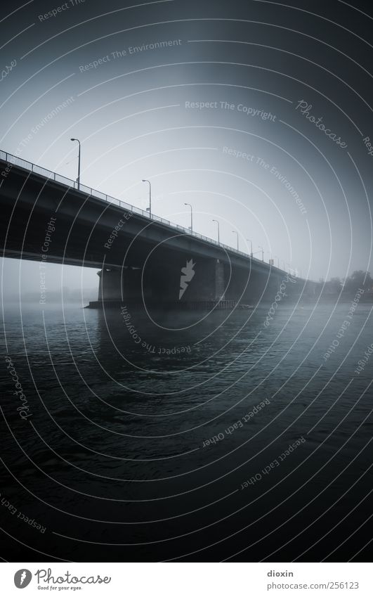 On the other side of the river [1] Water Sky Bad weather Fog River bank Rhine Mannheim Bridge Manmade structures Architecture Traffic infrastructure Street Dark