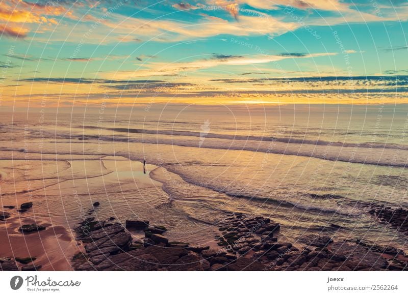 Person stands on a large wide beach with rocks and gentle waves and enjoys the sunset Beautiful weather Back-light Sunset Sunrise Vacation & Travel relaxation