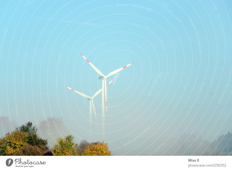 Fog Wheels Technology Energy industry Renewable energy Wind energy plant Environment Sky Rotate Pinwheel Shroud of fog Colour photo Multicoloured Exterior shot